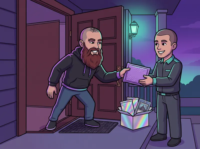 Cartoon of the host at his front door handing a purple padded parcel to a smiling courier, an open box of packs beside them