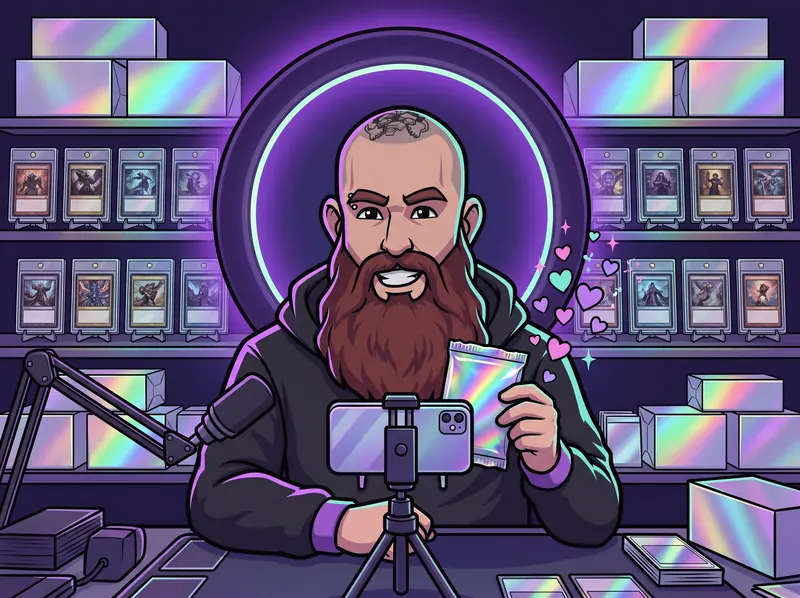 Cartoon of the host at his stream desk holding a sealed foil pack up to a phone on a tripod, hearts floating up from the screen